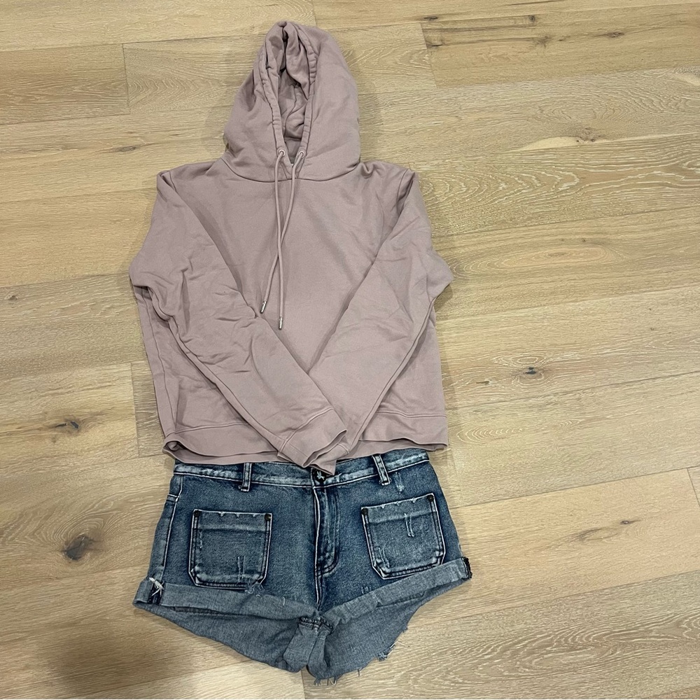 Light Pink Hoodie and Denim Shorts